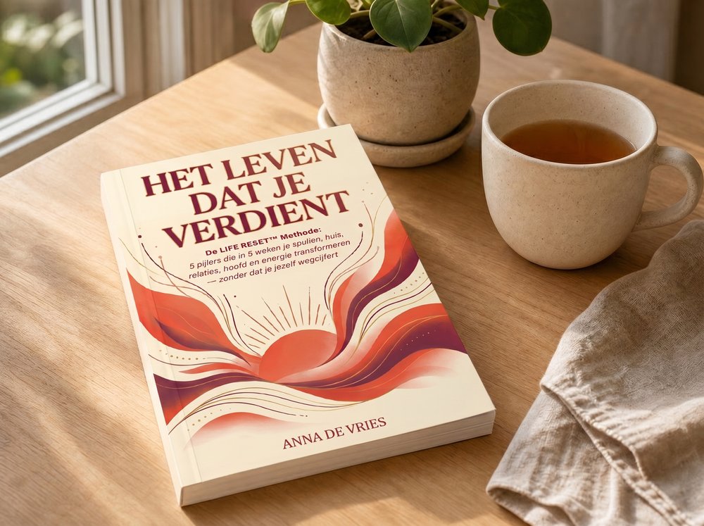 Het boek „Het Leven Dat Je Verdient” van Anna de Vries op een houten tafel bij het raam, met een kop thee en een plant ernaast