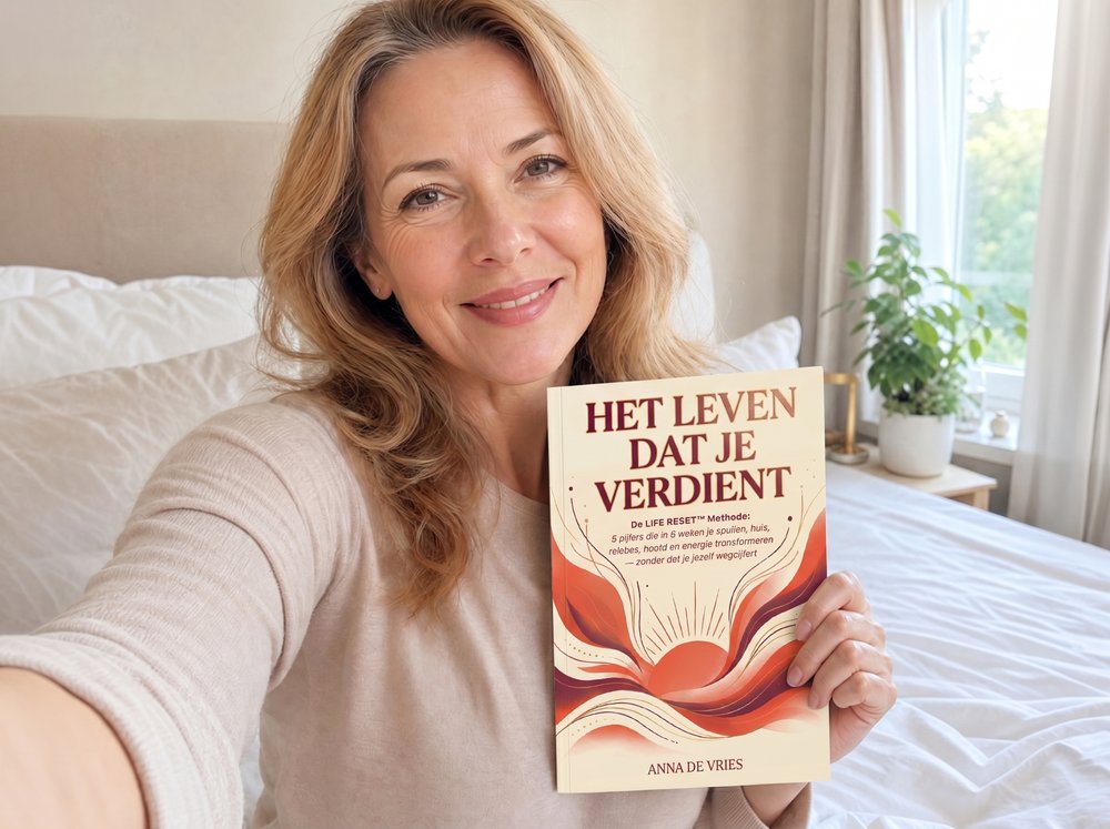Lachende vrouw houdt het boek „Het Leven Dat Je Verdient” vast in een lichte slaapkamer